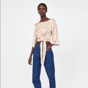 Zara Nude/Champagne Satin Effect Wrap Top Size M
